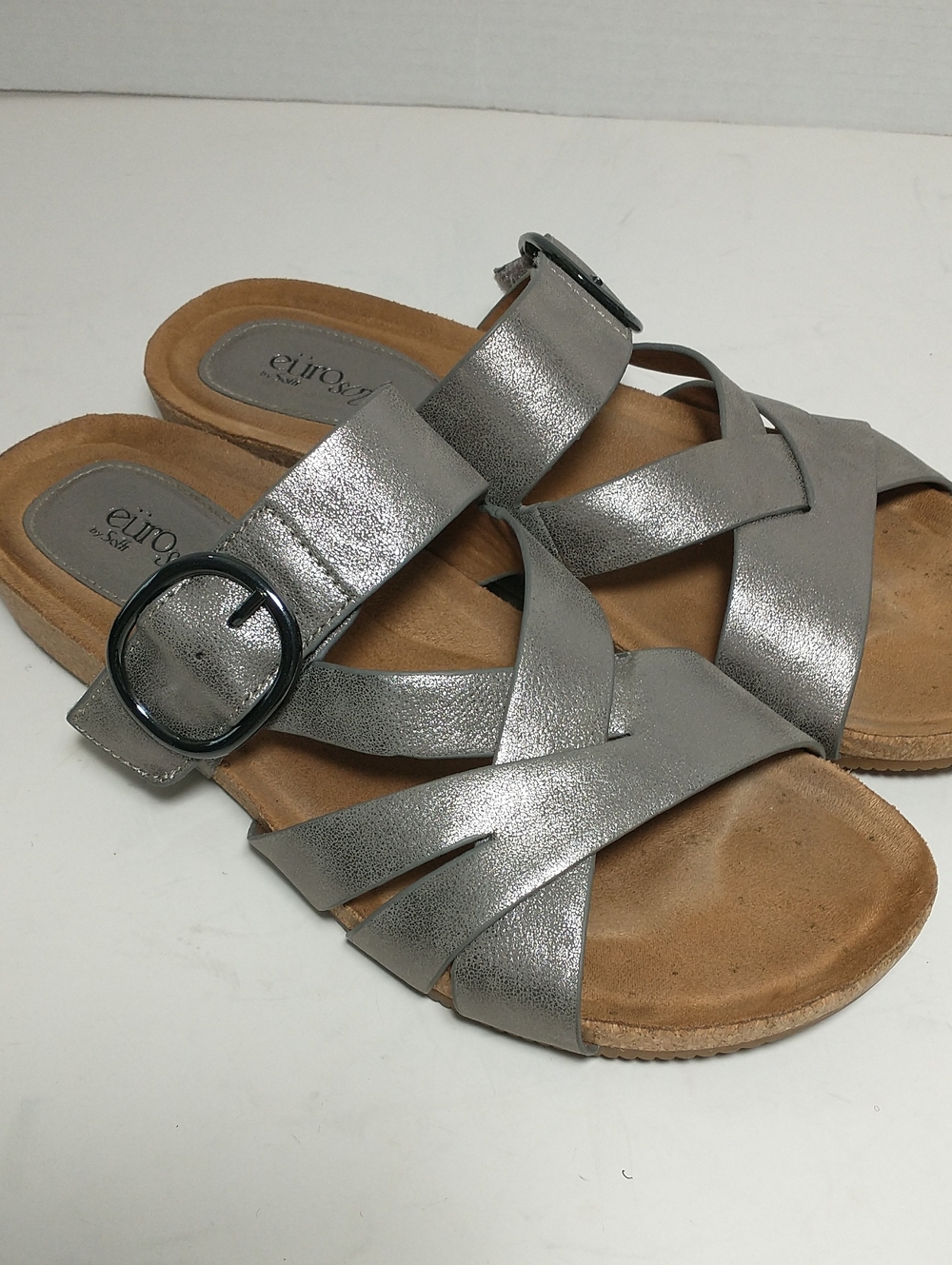 Euro Soft Gwenda Pewter Metallic Slip-on Sandal, Size 10, Adjustable Strap